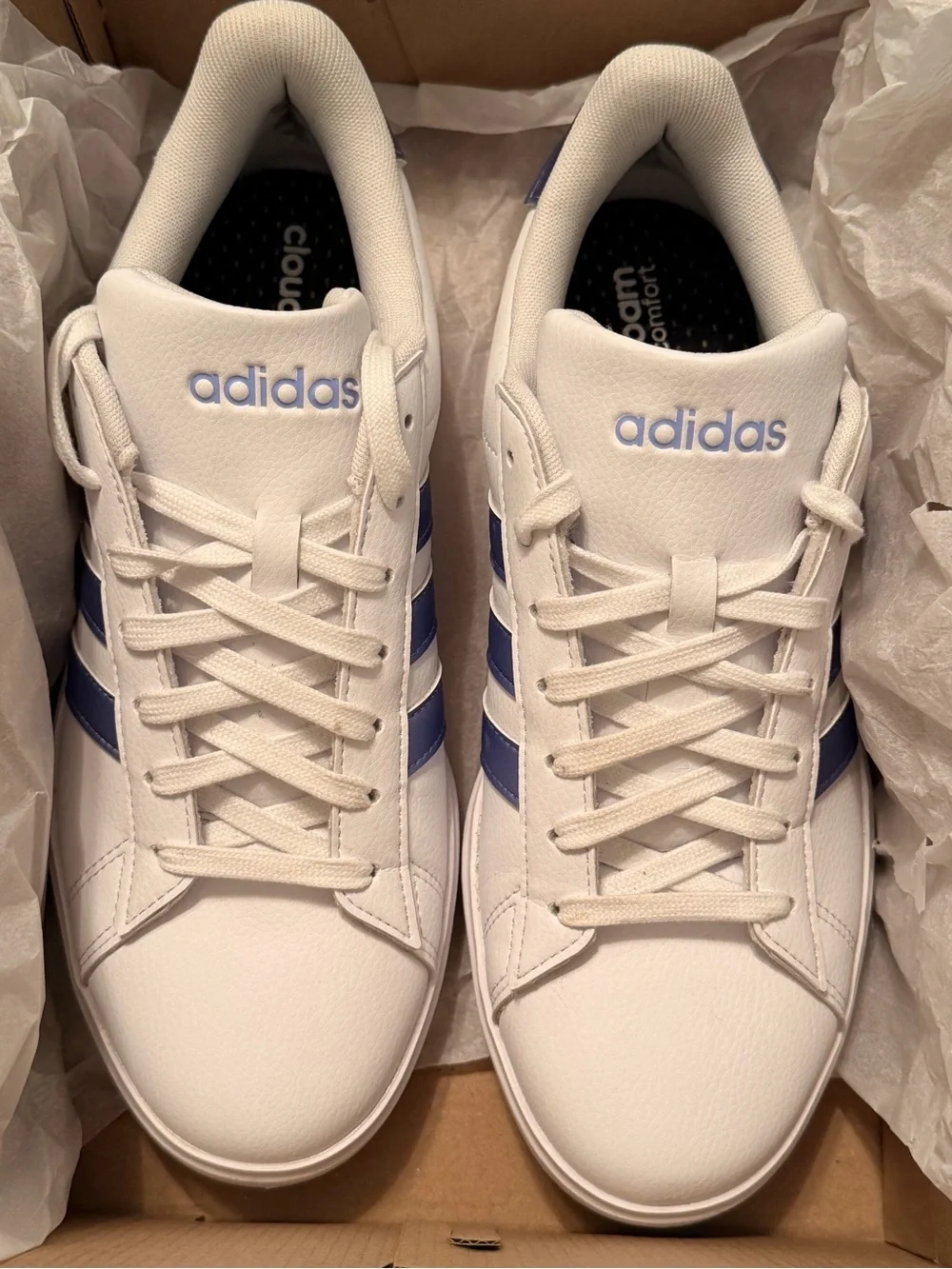 Adidas White Sneakers with Periwinkle Blue Stripes
